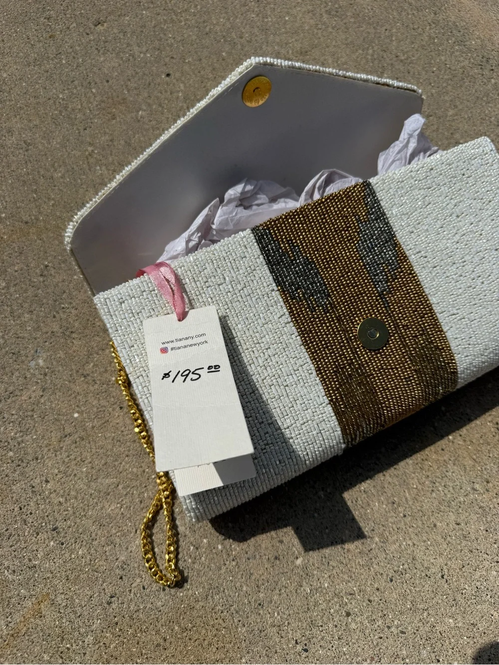 Beaded White Envelope Crossbody Bag with Gold Bee Motif